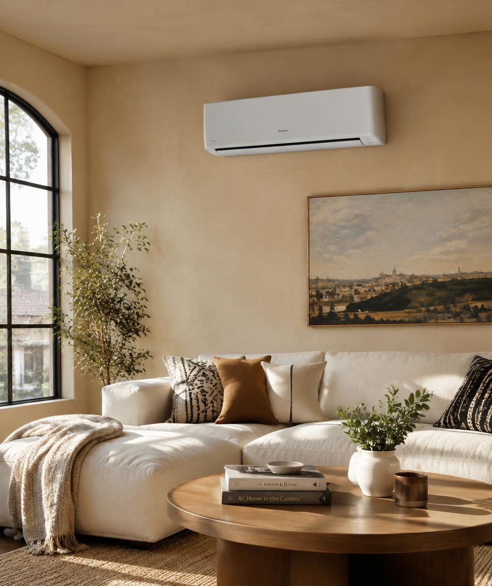 Bright San Antonio living room with a modern wall-mounted air conditioner